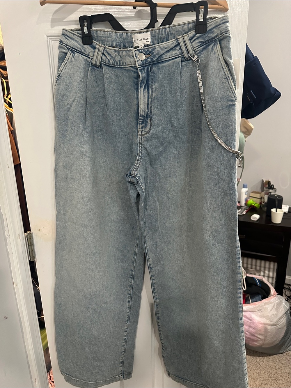 Avec Les Filles Light Wash Wide-Leg Jeans with Chain